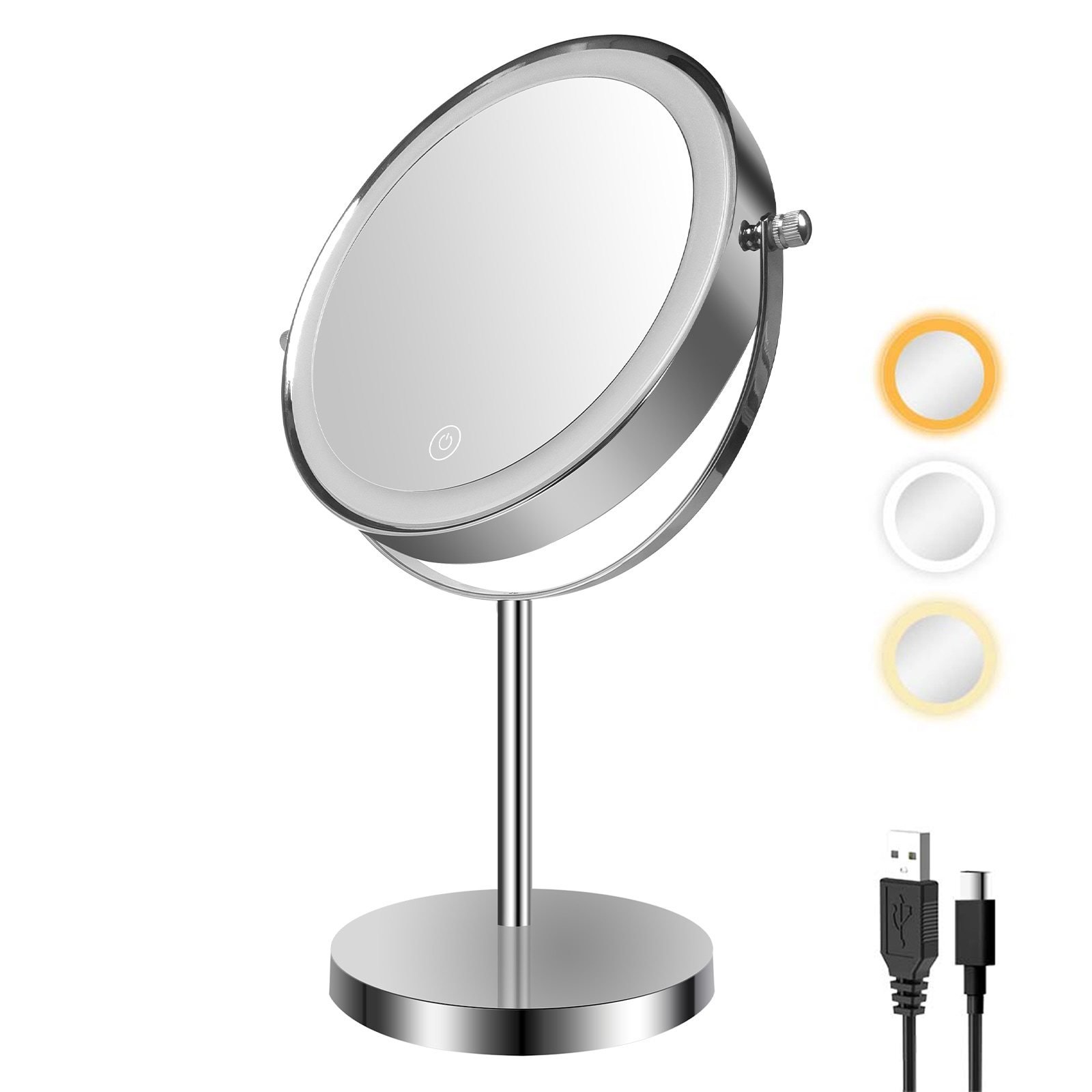 8-inch Makeup Mirror with Lights, Double Sided 1X/10X Magnifying Mirror, 3 Color Lighting Dimmable Vanity Mirror with 360° Swivel 8-inch Makeup Mirror with Lights, Double Sided 1X/10X Magnifying Mirror, 3 Color Lighting Dimmable Vanity Mirror with 360° Swivel